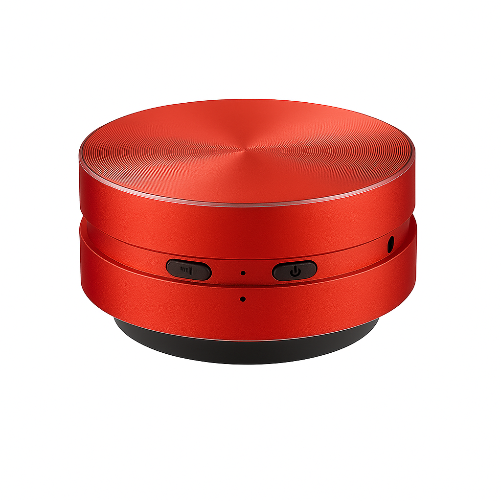 Modspeaker surface speaker in red, USB-C charging port visible