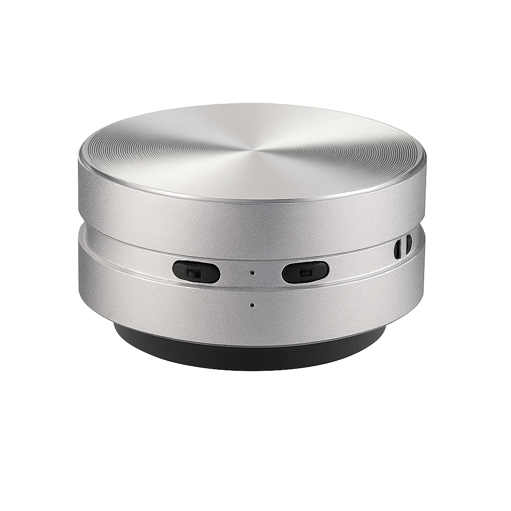 Modspeaker mini bone conduction speaker in silver on a wooden table